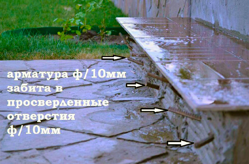 Забиваем 10 мм арматуру в отверстия в торец крыльца